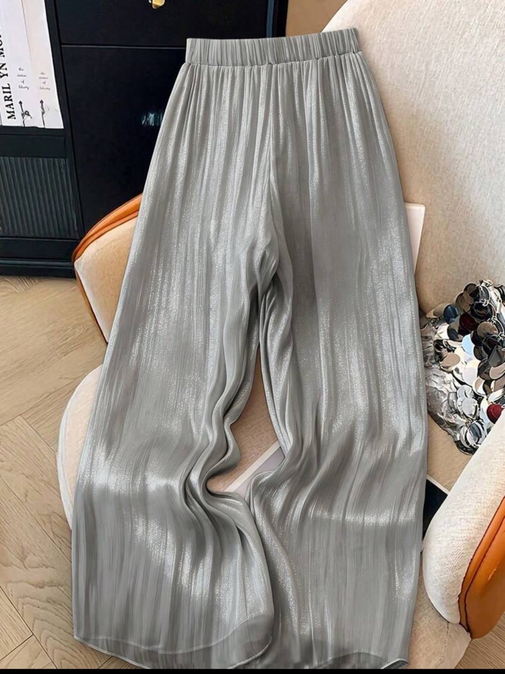 Silver Pleated Elastic-Waist Women’s Beautiful Shiny Full Pants